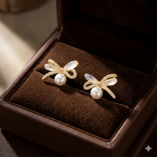 Crystal Ribbon Pearl Studs
