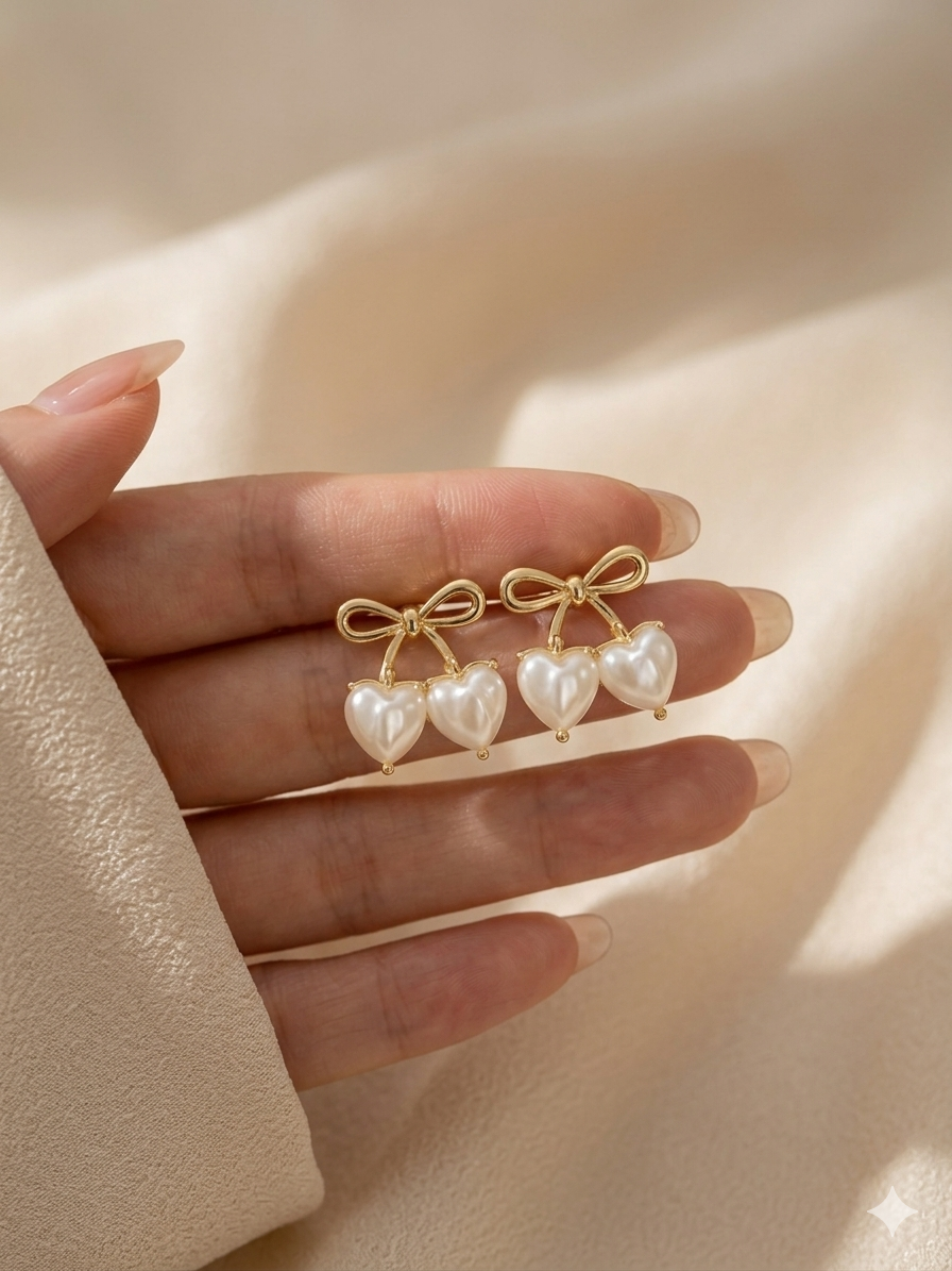 Cherry Ribbon Pearl Studs