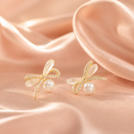 Crystal Ribbon Pearl Studs