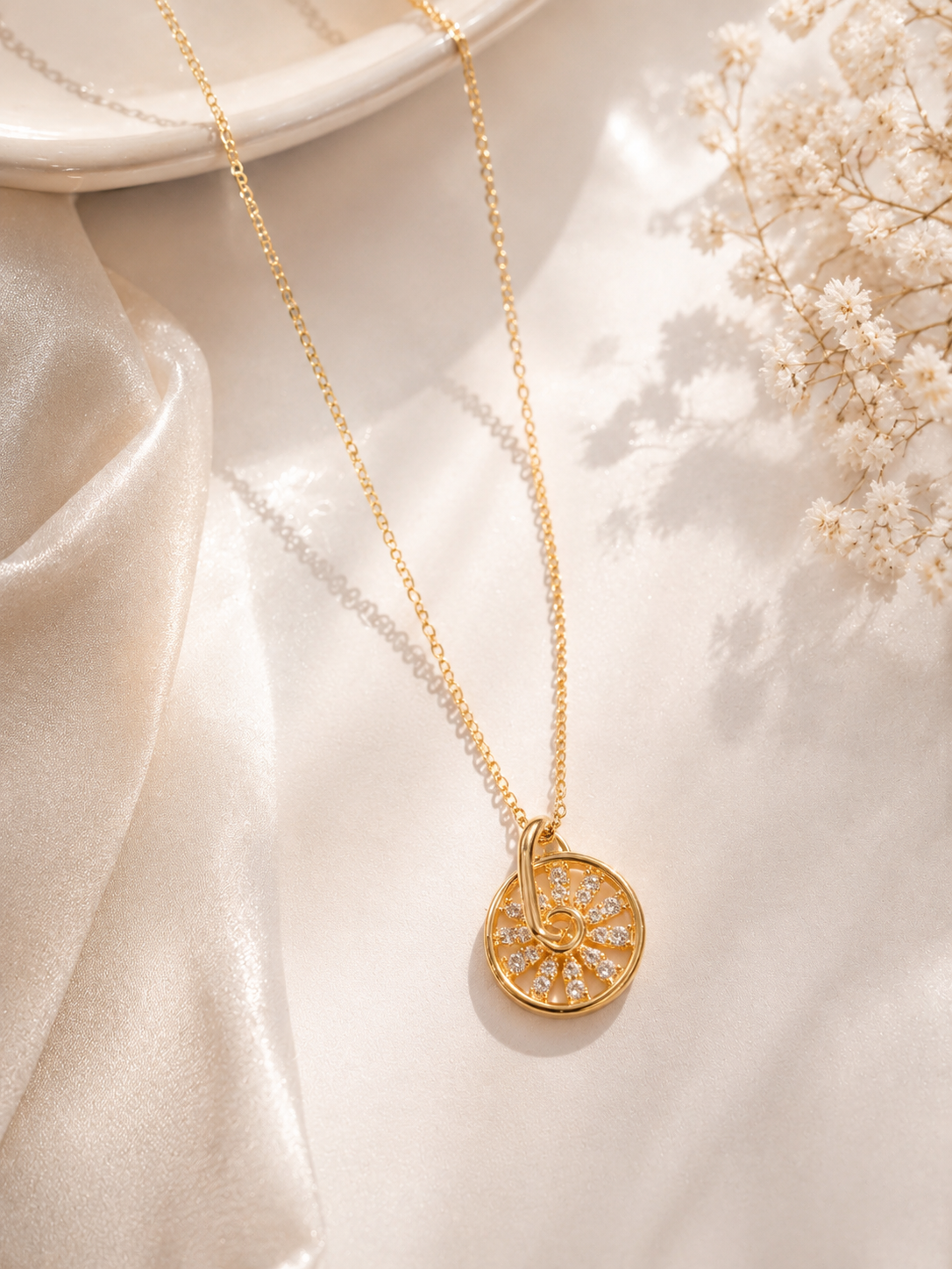 Golden Sunburst Droplet Pendant Chain